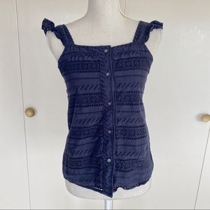 LOFT Navy Blue Ruffle Sleeve Eyelet Button Down Blouse